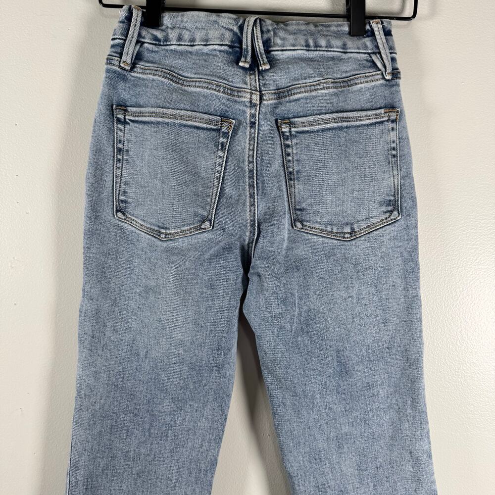 Good American Straight Leg Raw Hem Jeans Light Wash Indigo High Rise Womens Sz 0 - Picture 6 of 10